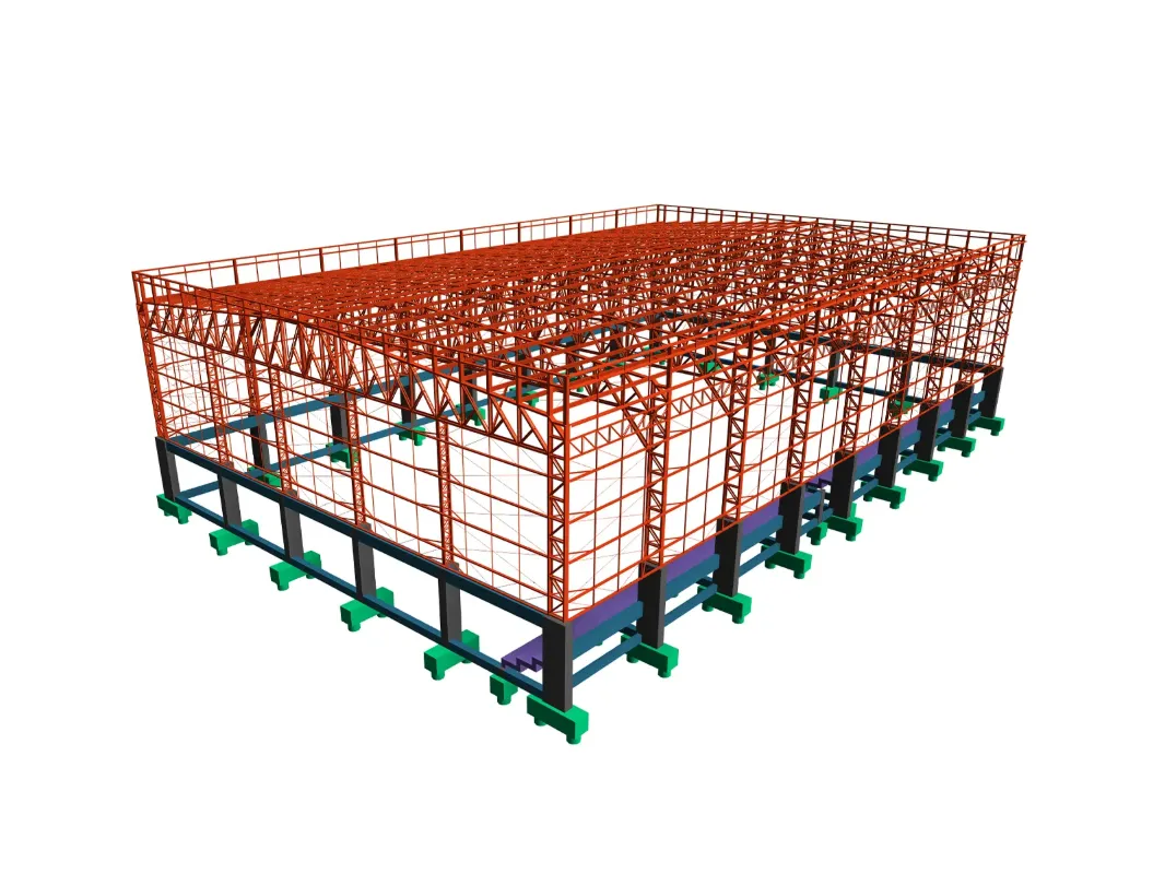 Modelo estrutural metálico em BIM — galpão com treliças e fundações